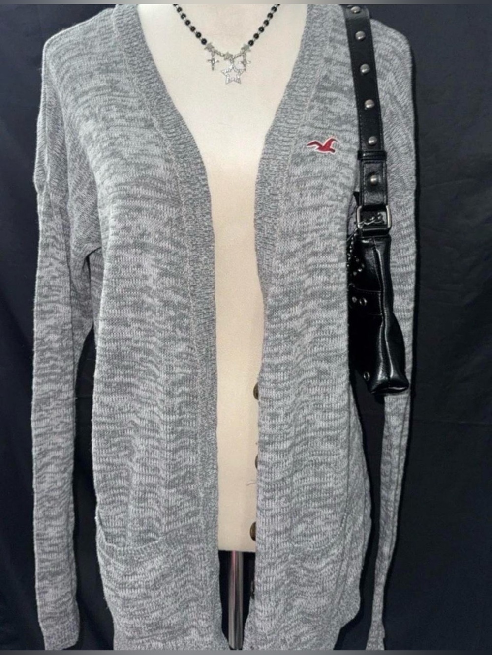 Hollister Marled Light Gray Open Cardigan with Red Logo